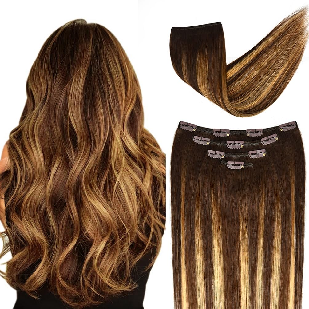 12'' Hair Extensions Balayage Clip in Human Hair for Women - Silky Straight Chocolate Brown to Honey Blonde Highlight Brown Ombr