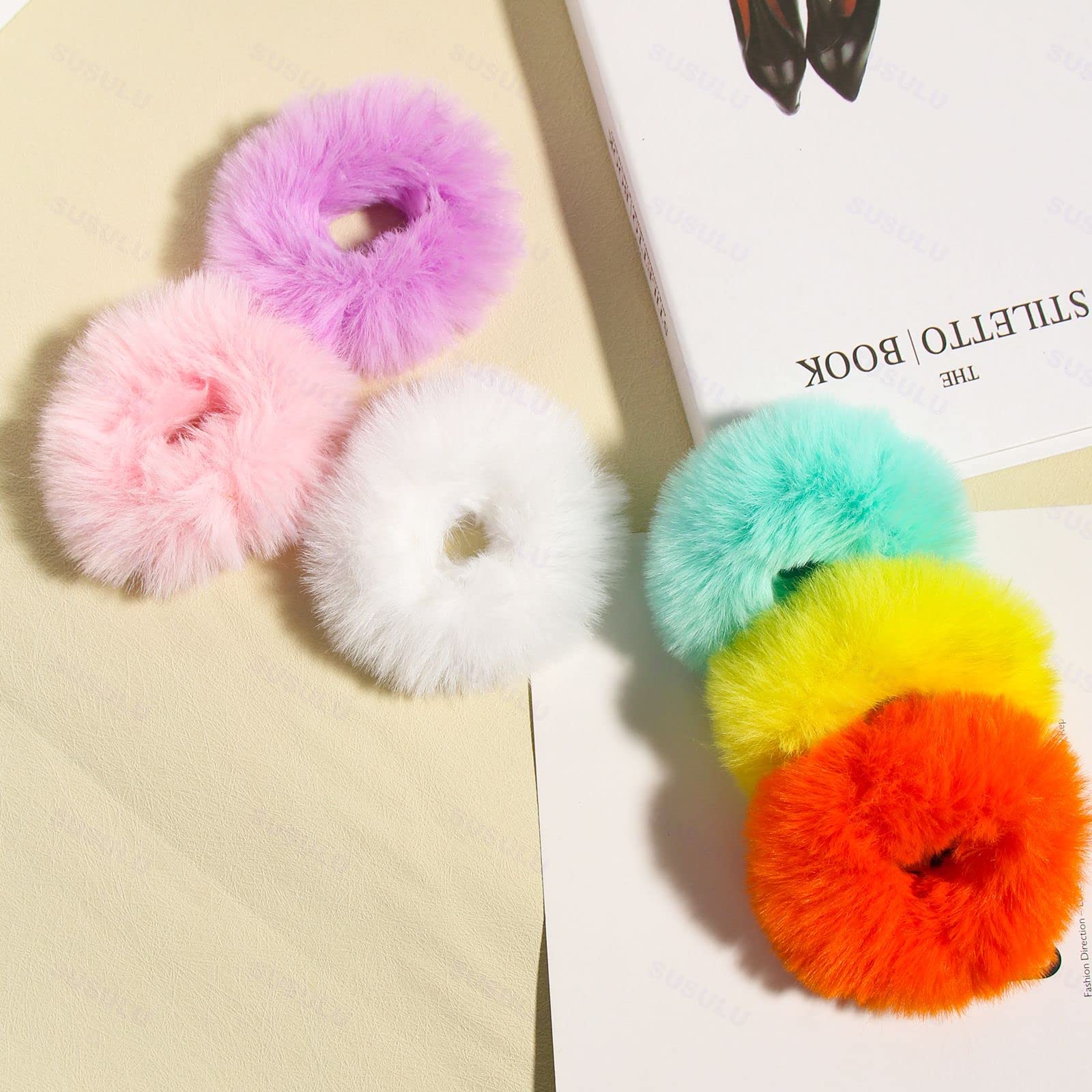 Fuzzy Furry Faux Rabbit Fur Hair Band, Rope Wristband, Ponytail Holder Hair Ring And Hair Accessories - 12Pcs Colorful