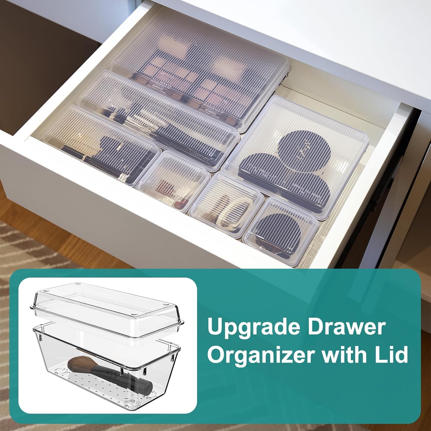 Flybok 14 Pcs Drawer Organizer for Makeup/Office Supplies/Vanity/Desk Drawer Organizers, Acrylic Organizers, Shallow Drawer Orga