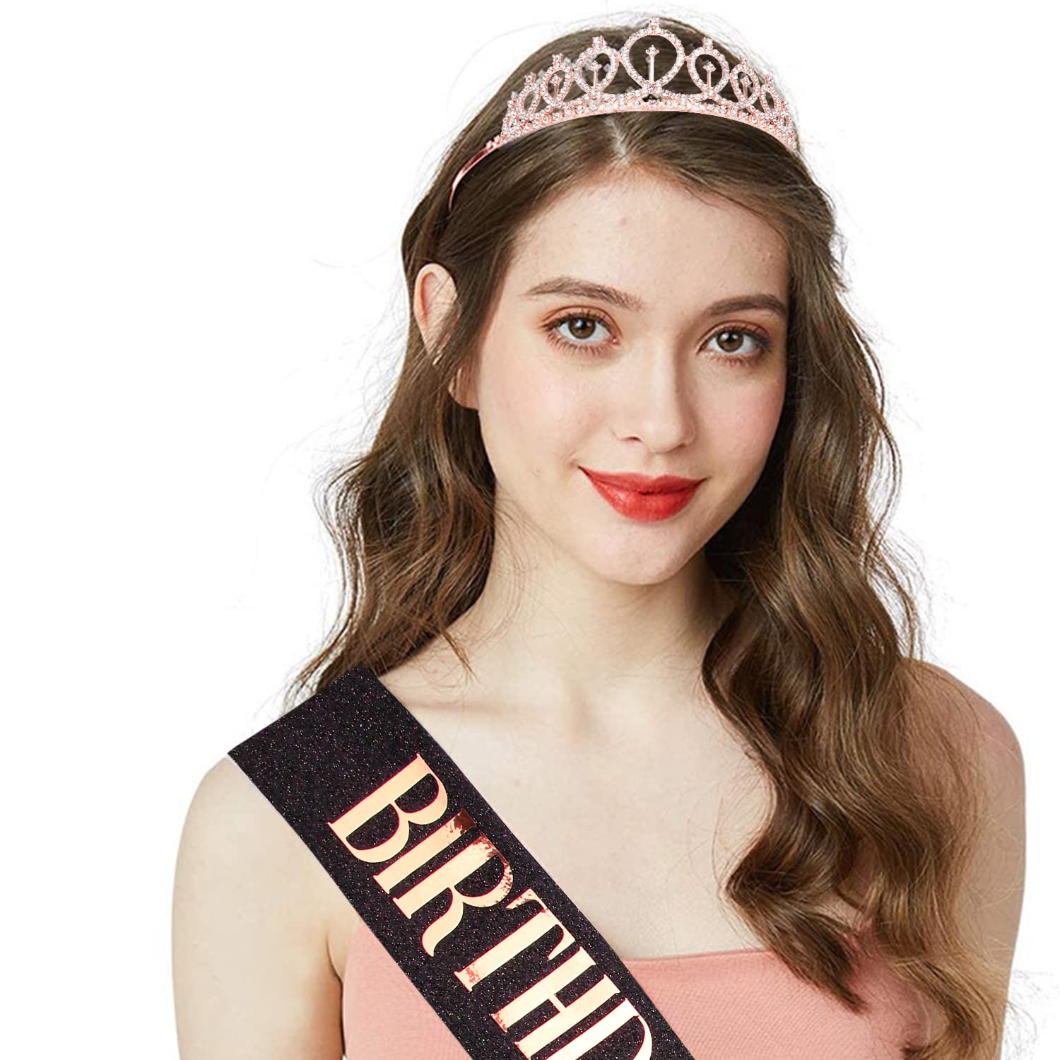 Cieher Rose Gold & Black Birthday Crown Set - Crystal Crown & Sash For Women & Girls (Birthday)