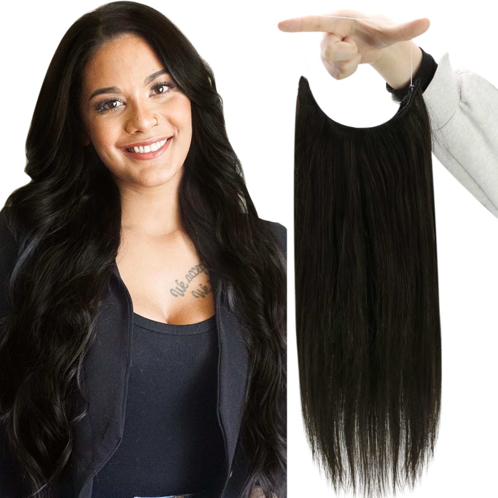 Fshine Black Wire Hair Extensions Real Human Hair Color 1B Off Black Fish Line Hair Extensions 14 Inch Straight Clip in One Piec