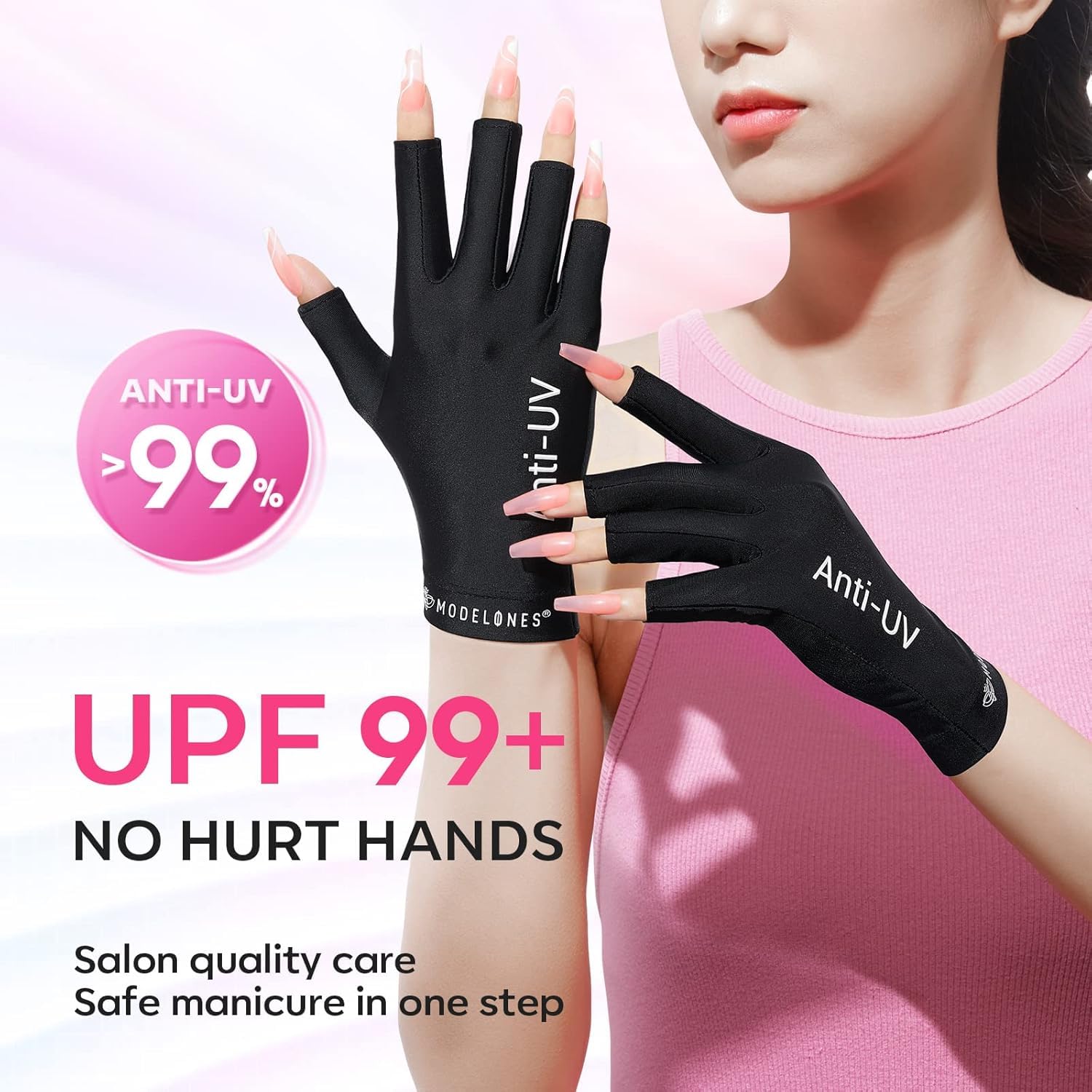 modelones UV Gloves for Gel Manicures, Fingerless UPF99+ Protection, Black Anti-UV Gloves for Women, Skin Protection from UV Light