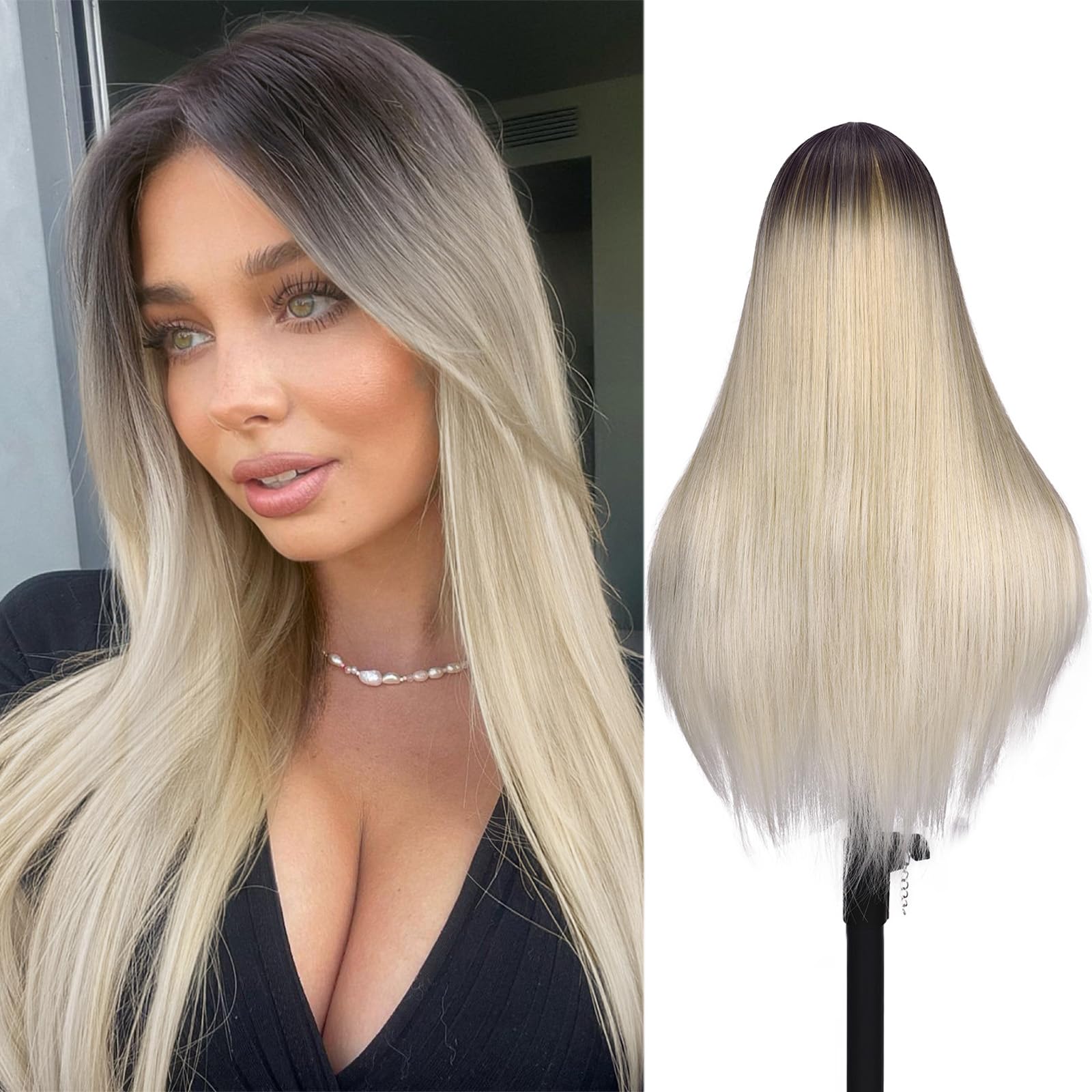 WIGER Long Ombre Blonde Straight Wig for Women 26 Inch Middle Part Honey Blonde Straight Hair Wig Natural Looking Synthetic Colo
