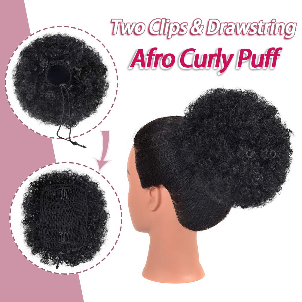 Rosmile Afro Puff Drawstring Ponytail Extension For Black Women, Black 1B# 80Gram Short Synthetic Afro Puff Ponytail For Natural