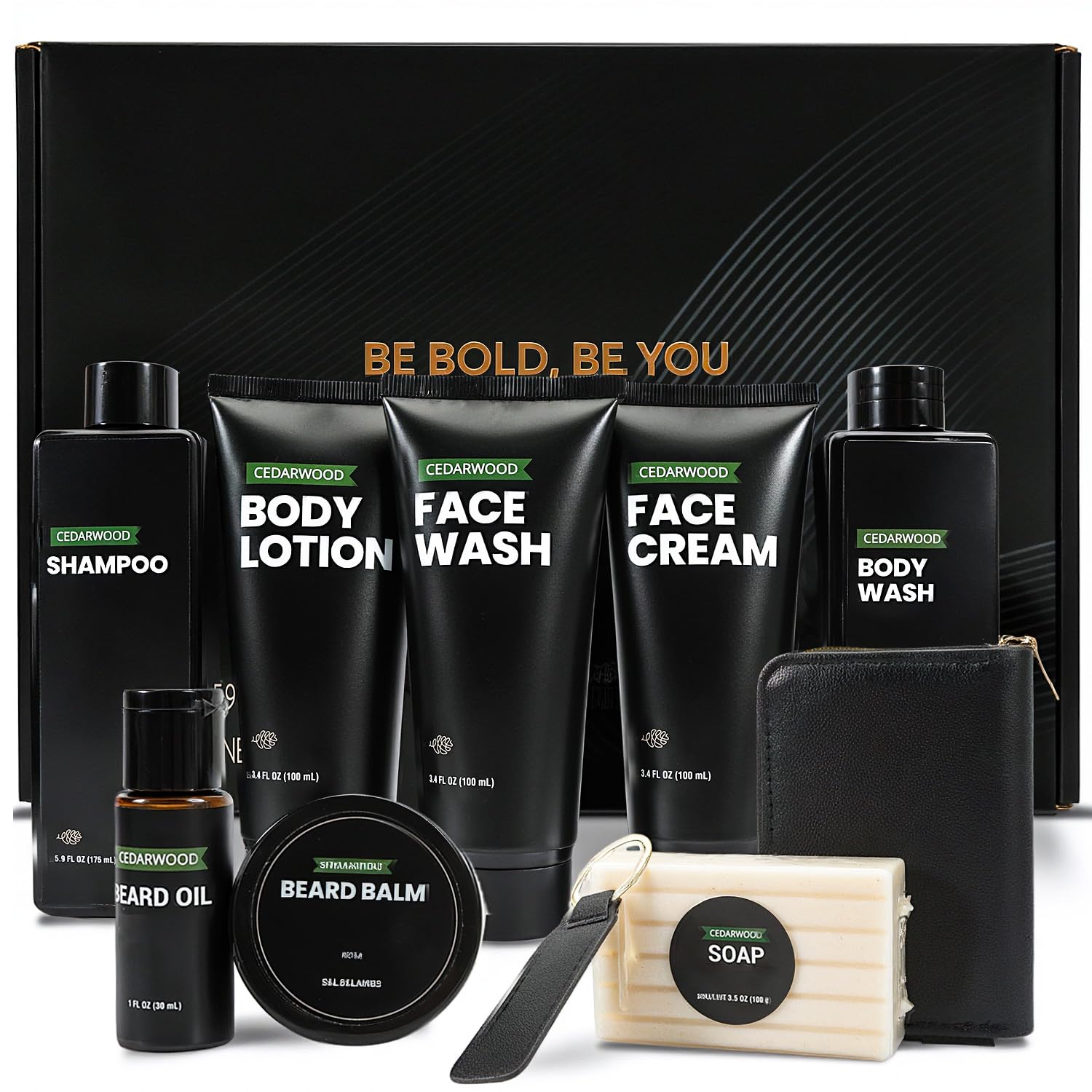 Rinse & Robust Mens SelfCare Gift Set, 10 Pcs Cedarwood Grooming Kit with Bath and Body Wash Gift Set, Beard Oil, Balm & Busin