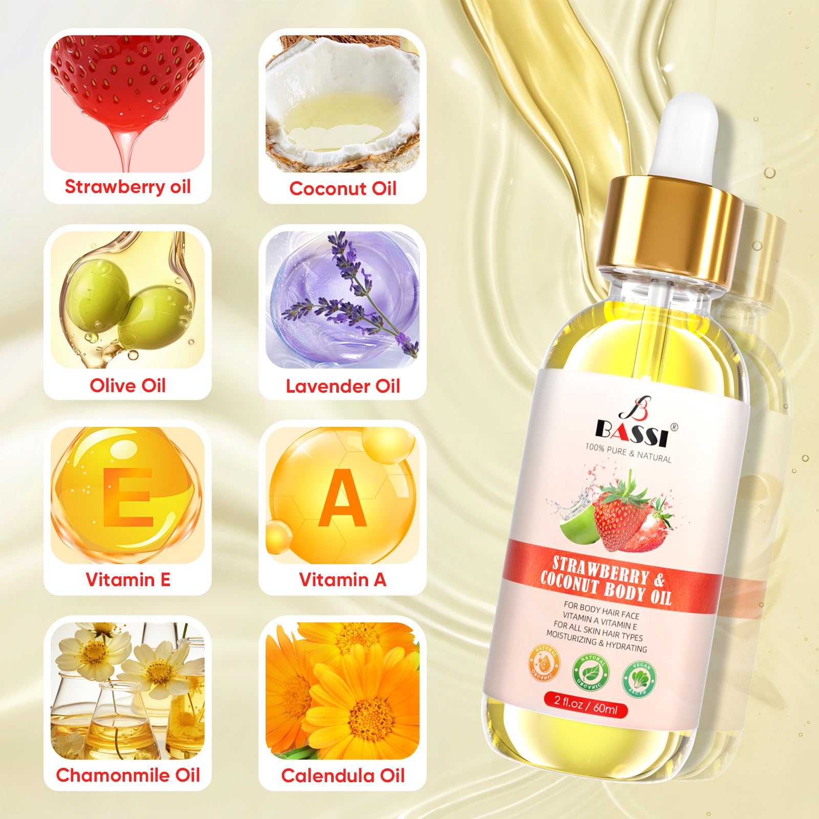 Bassi 2Pcs Organic Coconut Oil Strawberry Moisturizing Body Oil With Vitamin E, Bath Oil For Dry Skin Hydrating, Body Oil, Relax