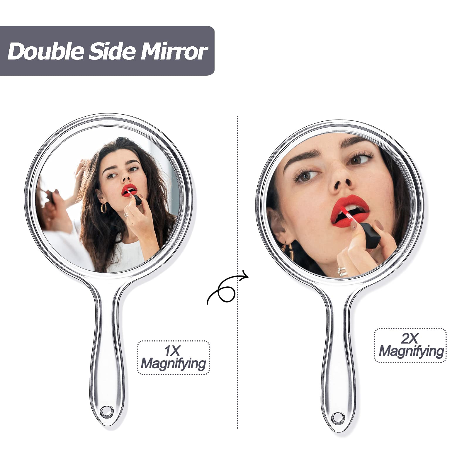 Jetec Hand Mirror Double-Sided Handheld Mirror 1X/ 2X Magnifying Mirror with Handle Transparent Hand Mirror Rounded Shape Makeup