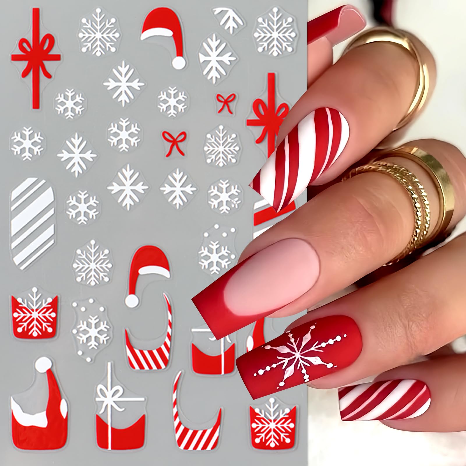 SHUXILIN Christmas Nail Stickers, 6 Sheets Red French Glitter & Snowflake Design, Holiday Nail Art Decals for Women