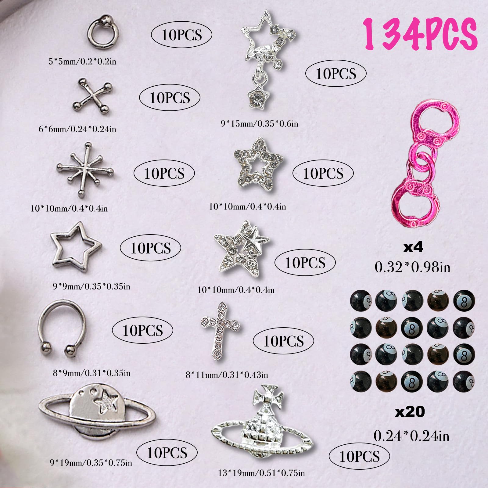Bbatt-Happy 134Pcs Nail Charms,Silver Star Planet Cross Nail Jewels Punk Pink Handcuffs Billiards Nail Art Accessories For Acryl