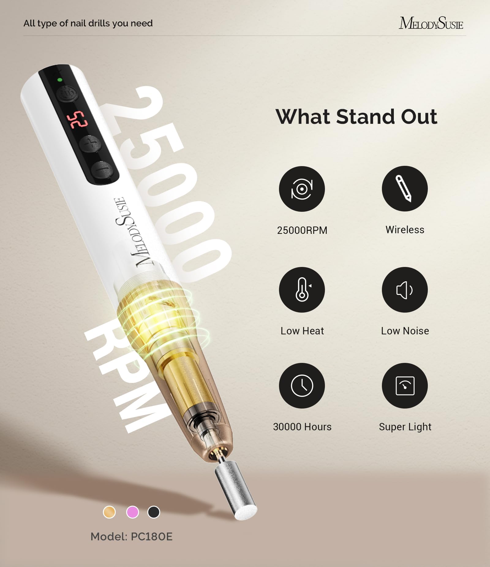 Melodysusie Rechargeable Cordless Electric Nail Drill,Pc180E 25000Rpm Portable Nail Efile For Acrylic Gel Dip Powder Nails, 25 S