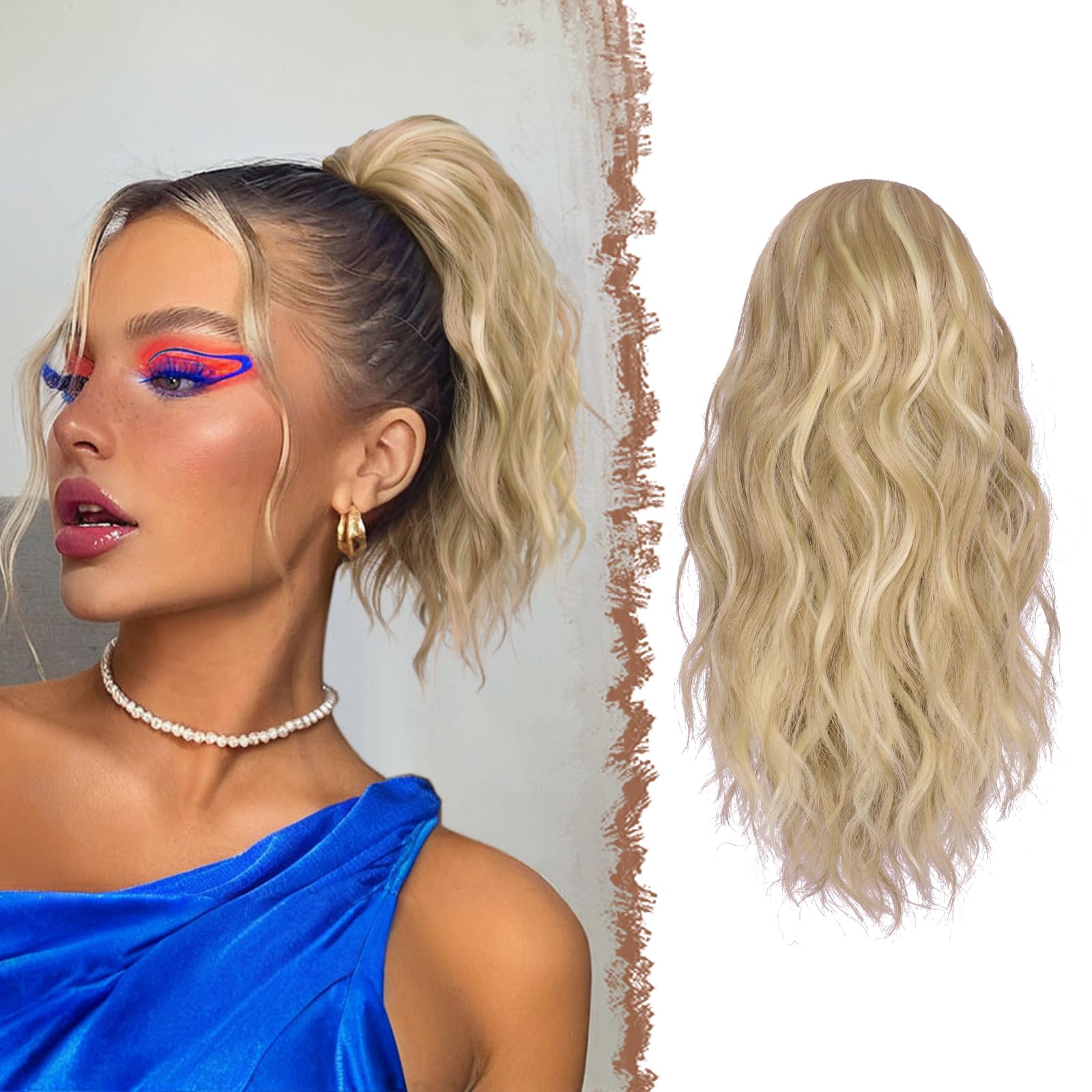 Feshfen Ponytail Extensions, Drawstring Ponytails Hair Extension Light Ash Brown & Bleach Blonde Short Curly Wavy Hair Piece Syn