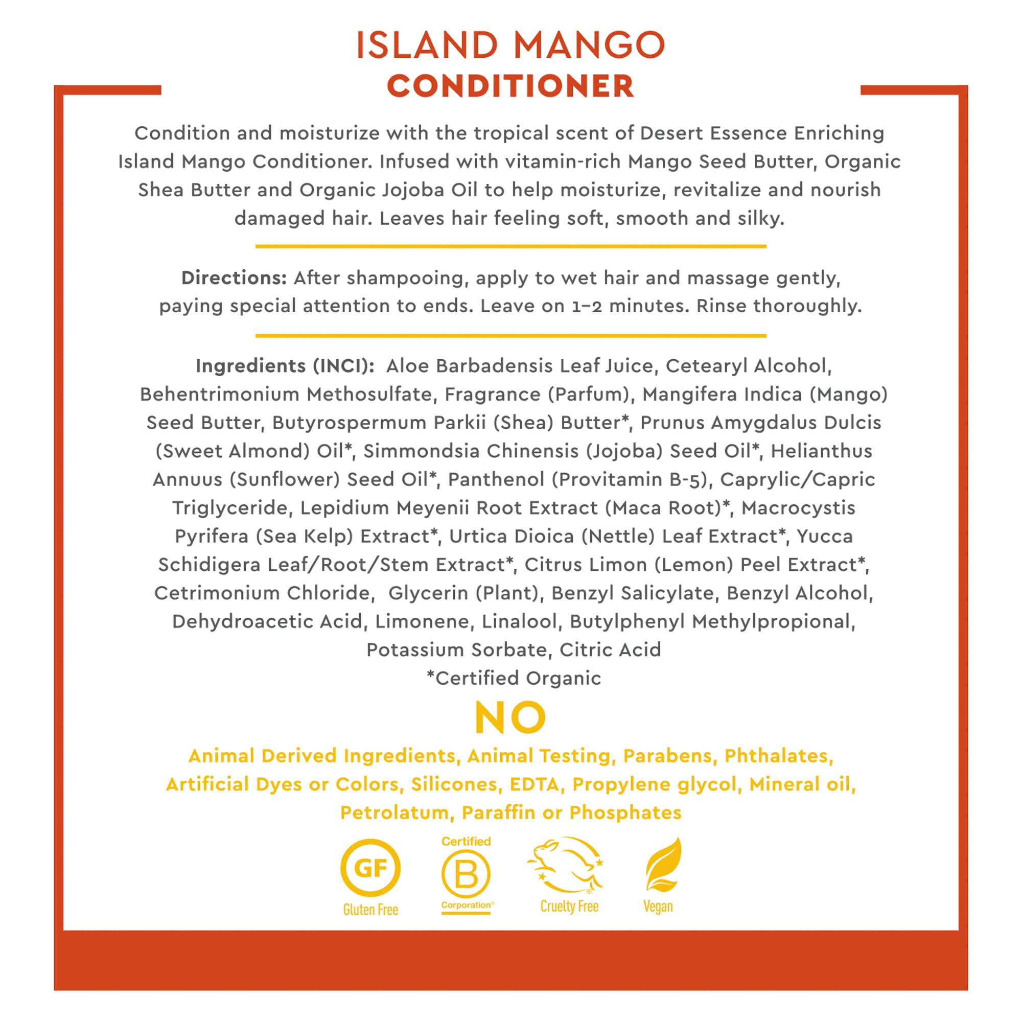 Desert Essence, Island Mango Conditioner 8 fl. oz. - Gluten Free - Vegan - Cruelty Free - Mango Seed Butter - Shea Butter - Revi