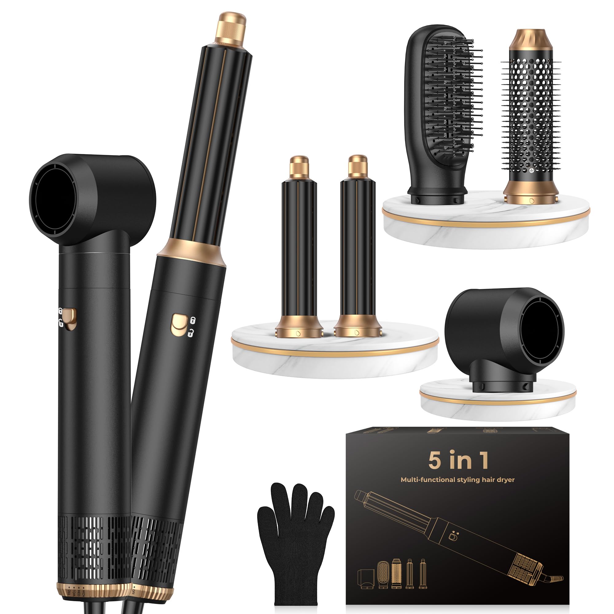 OKWRAP 5 in 1 Hair Dryer Brush Set, Hot Air Styler with Auto Wrap Curler, Detachable Blow Brush for Curling, Straightening & Smo