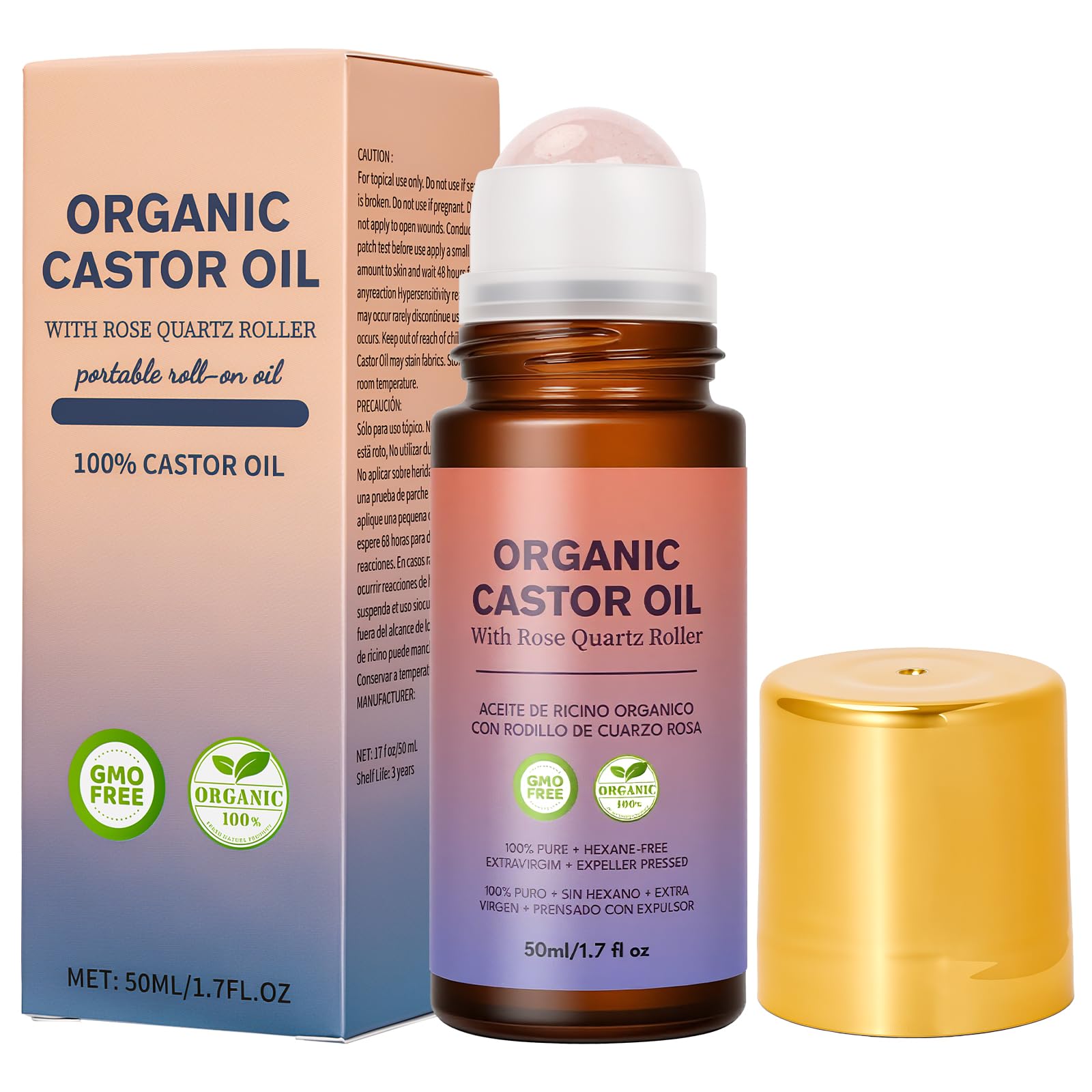 Pureasy Organic Castor Oil Roll On with Rose Quartz Roller, 1.7 fl oz