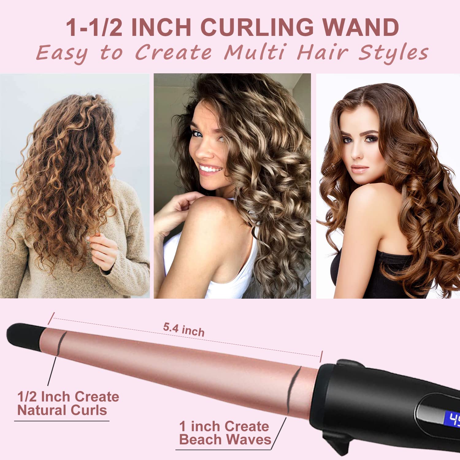 Hair Curling Wand, 0.5-1Inch Tapered Curling Iron, Professional Ceramic Hair Curler Wand With Adjustable Digital Temperature, Du