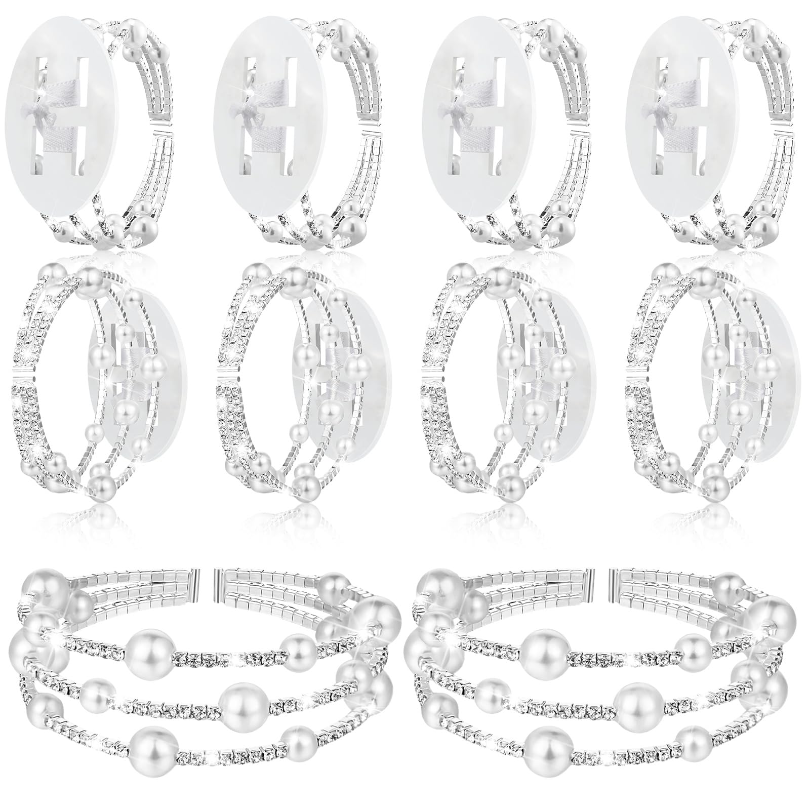 Hotop 8 Pcs Corsage Wrist Bracelet Bands Bride Pearl Rhinestone Bracelet Elastic Wrist Corsage DIY Wedding Wristband Faux Pearl 