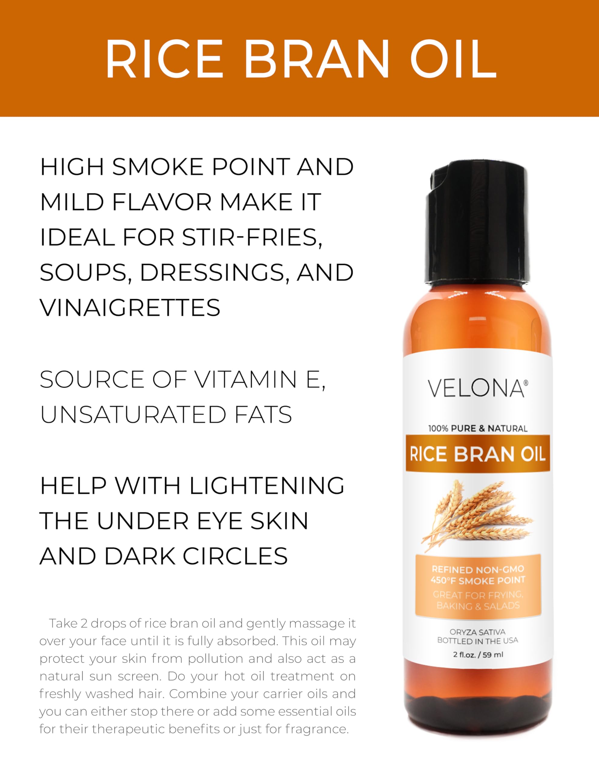 Rice Bran Oil by Velona - 2 Fl Oz | 100% Pure and Natural Carrier Oil | Refined, Cold Pressed | Cooking, Face, Hair, Body & Skin