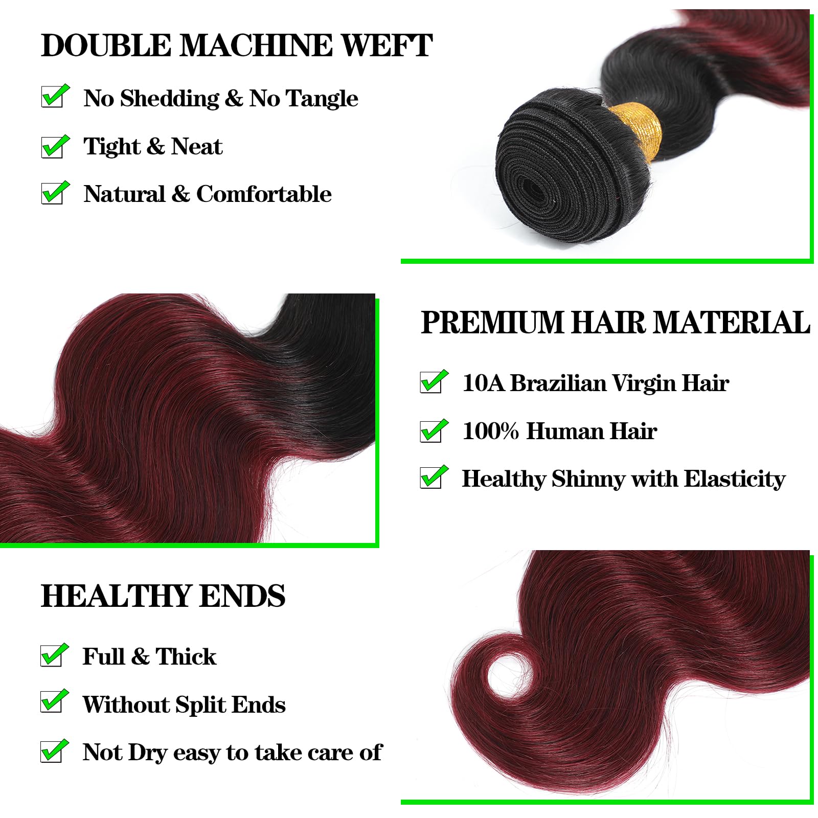 Kapelli Hair 10A Ombre Brazilian Human Hair With Closure (12 14 16+12) Brazilian Human Hair 3 Bundles With Closure Brazilian Bod