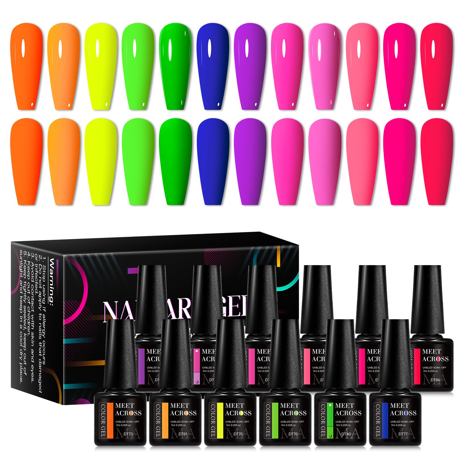 MEET ACROSS Neon Gel Nail Polish Set 12pcs Fluorescent Orange Yellow Green Blue Hot Pink Red Purple Spring Summer Nail Polish Se