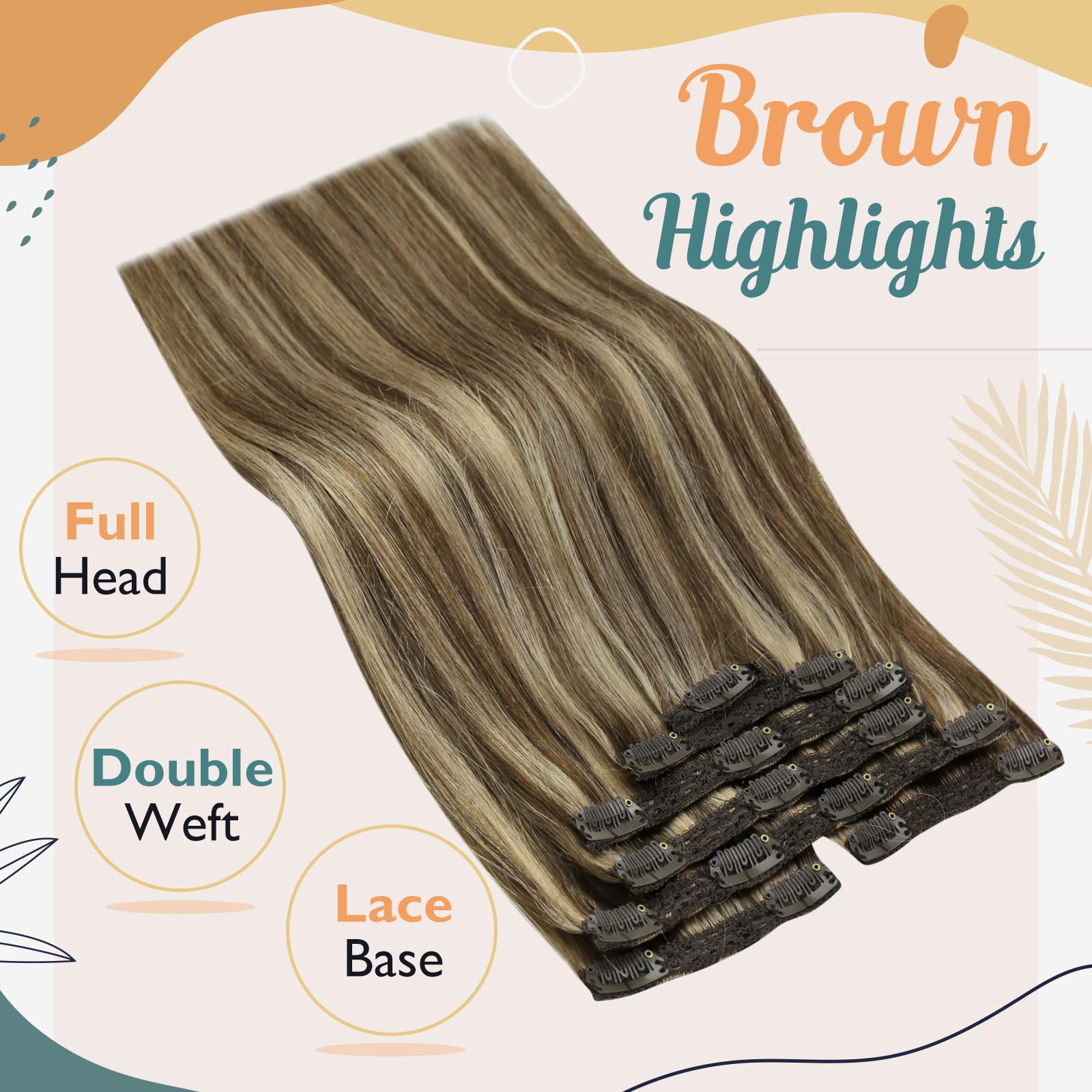 Ve Sunny Clip In Hair Extensions Highlights Human Hair Clip In Extensions Dark Brown With Caramel Blonde Highlights Clip On Hair