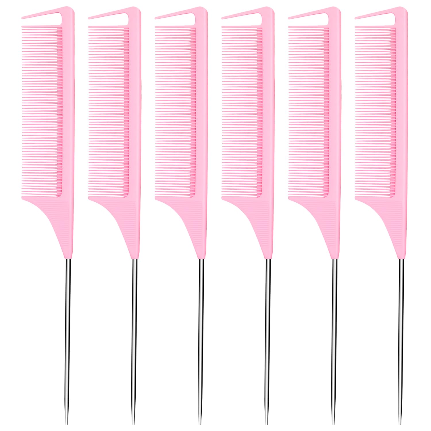 6PCS Hair Rat Tail Comb Metal Carbon Parting Hairdressing Styling Tools for Women and Girls (Pink)