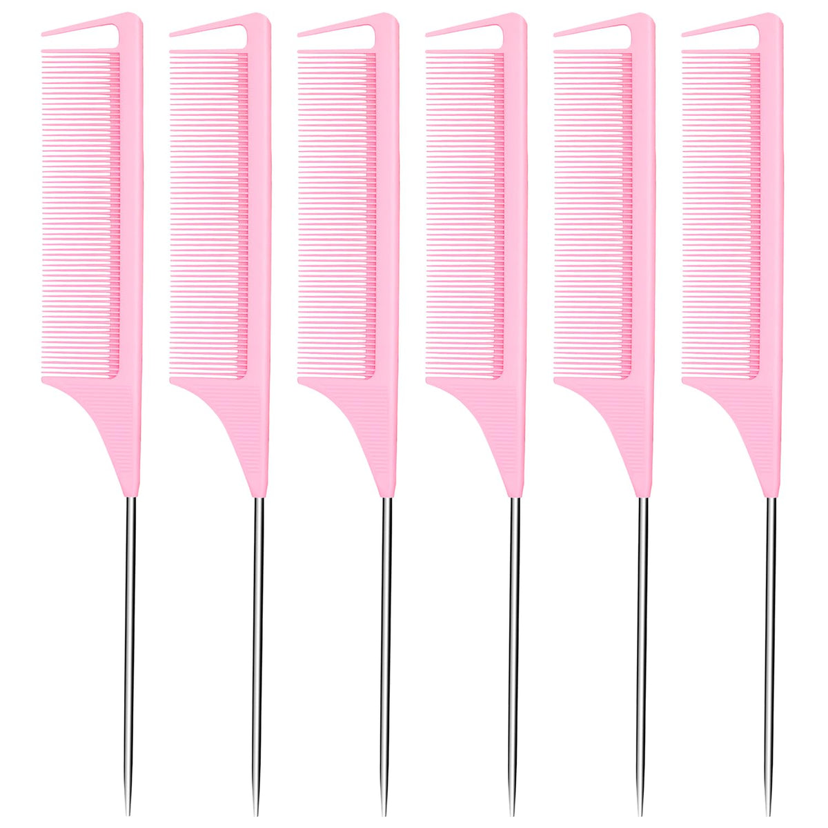 6PCS Hair Rat Tail Comb Metal Carbon Parting Hairdressing Styling Tools for Women and Girls (Pink)