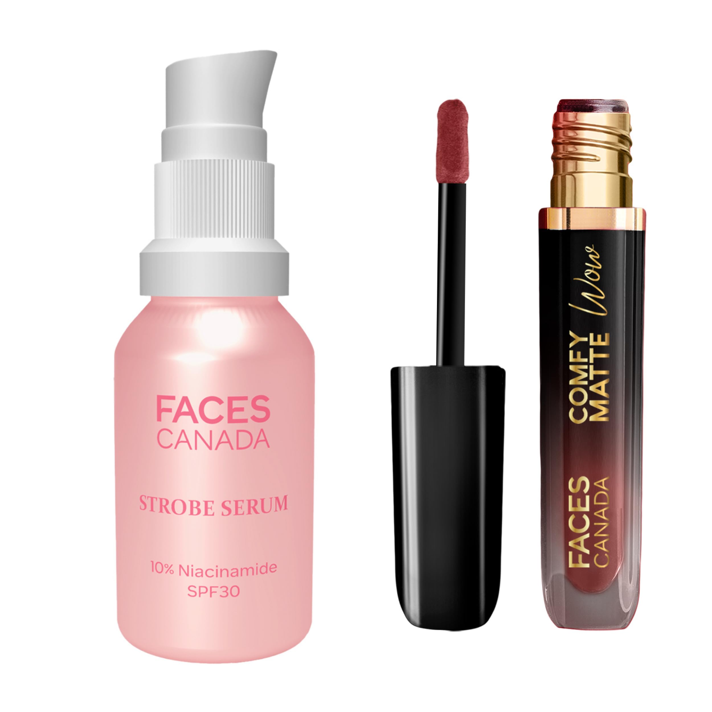 Faces Canada Skin & Lip Duo 2  Comfy Matte Wow Liquid Lipstick  Cocoa Crush 07, 3.8Ml + Strobe Serum Mini, 15Ml With Spf 30 Su
