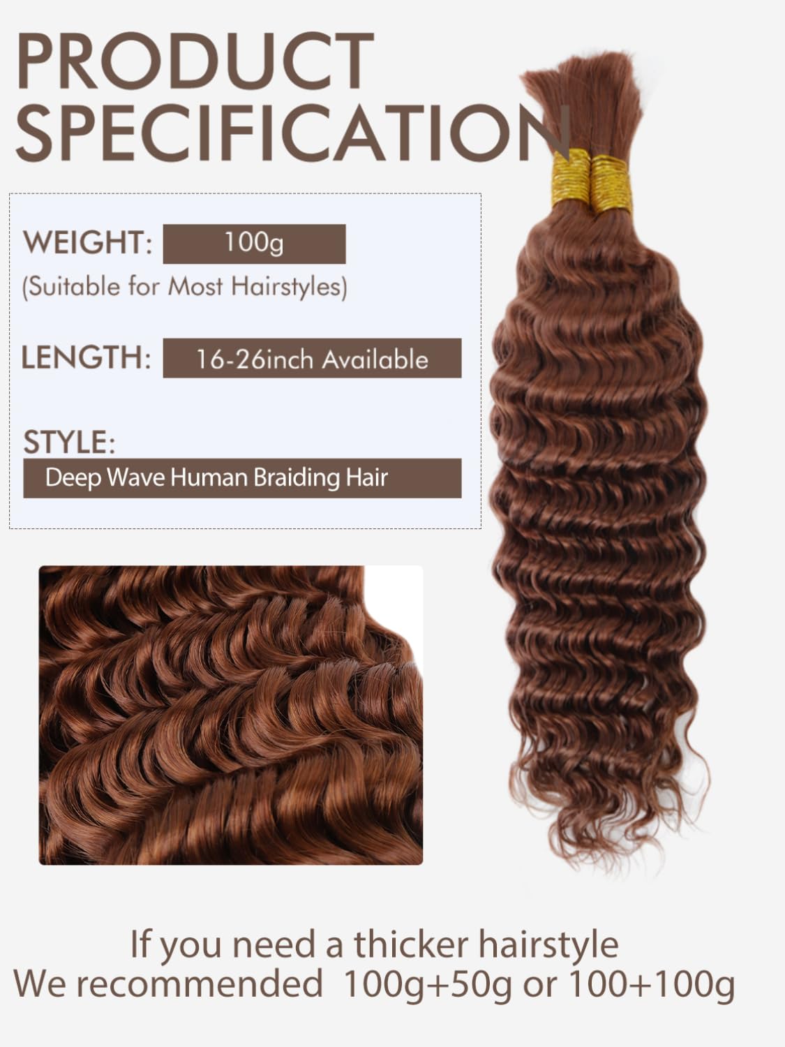 Brown Braiding Hair 100G 20 Inch Braiding Hair Deep Wave Human Hair Braiding Hair Water Wave Bulk Human Hair For Braiding 100% 1