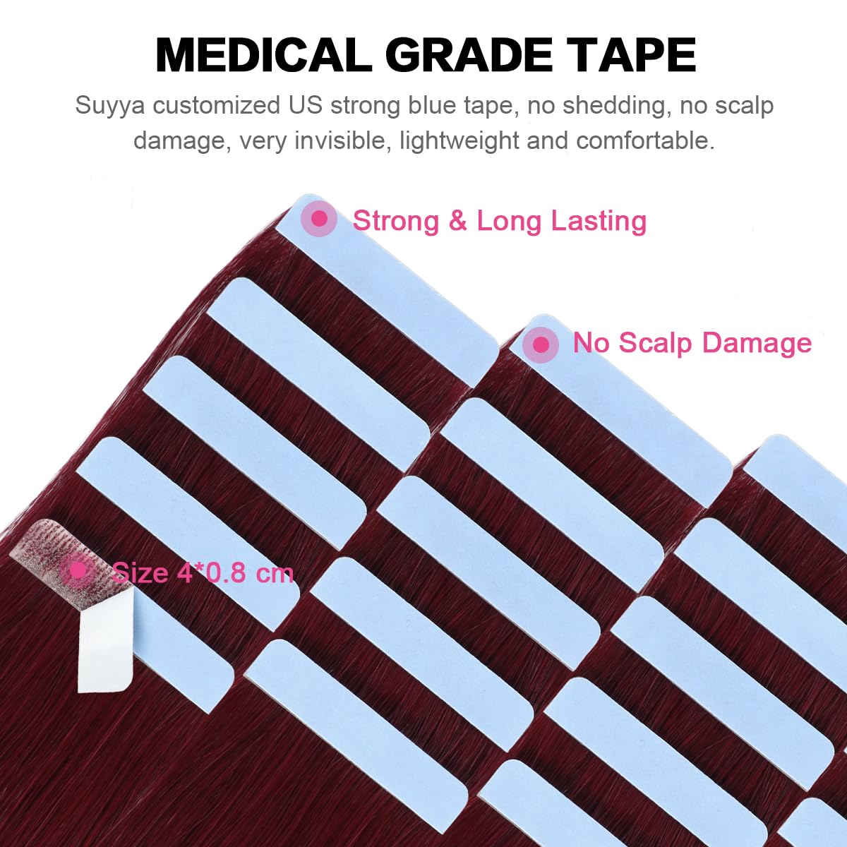 Suyya Tape In Hair Extensions Human Hair Burgundy 28 Inch 60G/Pack 20Pcs Straight Seamless Skin Weft Tape In Real Human Hair Ext