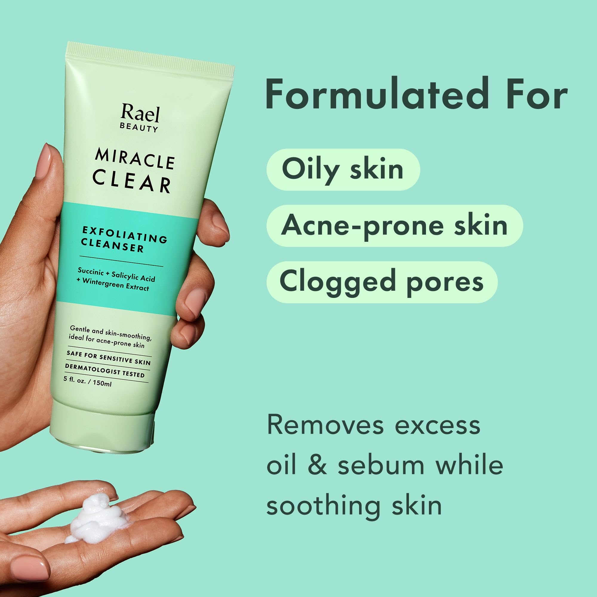 Rael Face Wash, Miracle Clear Exfoliating Cleanser - Face Cleanser For Oily & Acne Prone Skin, Korean Skin Care, Facial Foaming