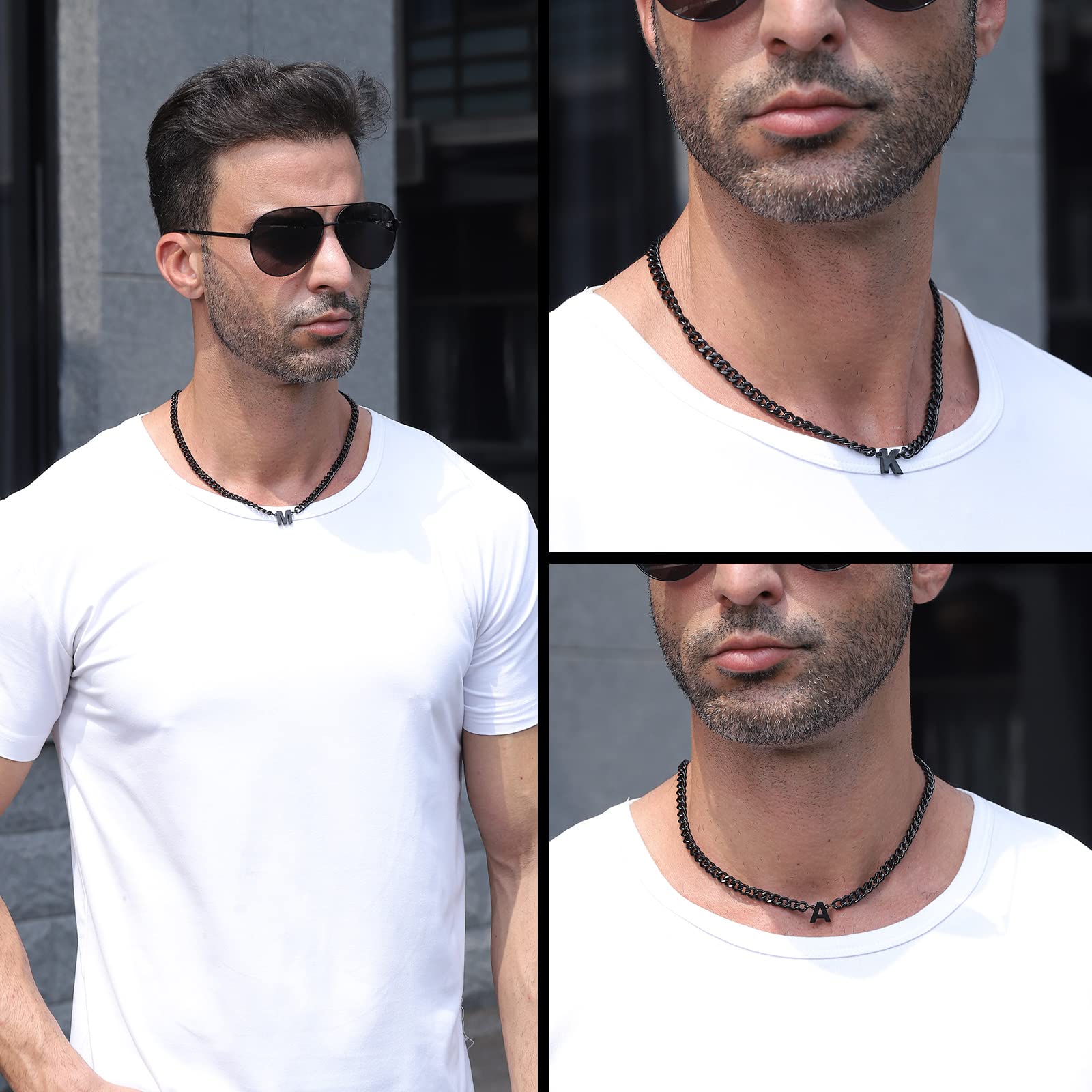 DuoDiner M Letter Necklace Initial Cuban Link Chain for Men Boys Stainless Steel Pendant Gift Black