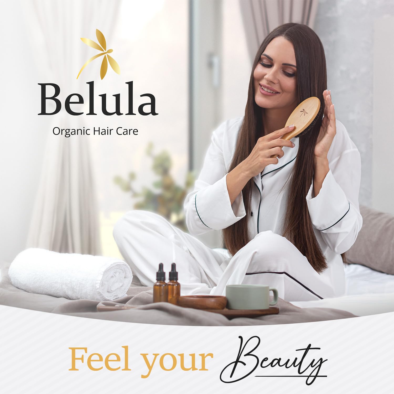 100% Boar Bristle Hair Brush for Women Set by Belula (L Size). Soft Natural Bristles for Thin and Fine Hair. Wooden Comb, Travel