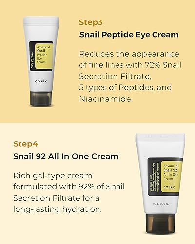 cOSRX All About Snail Korean Skincare  TSA Approved Travel Size, gift Set cleanser, Essence, cream, Eye-cream  Snail Mucin for R