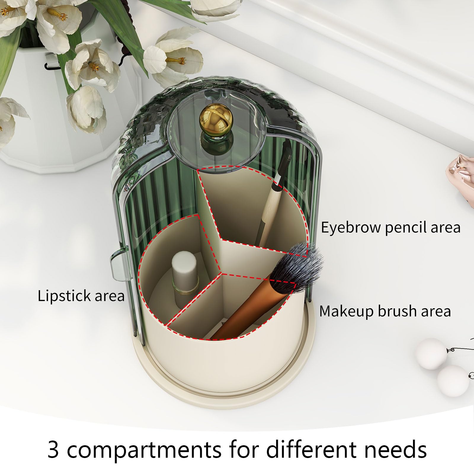 Emljkvp Makeup Brush Holder With Dustproof Cover 360 Rotating Makeup Brush Organizer For Vanity Bathroom, Green