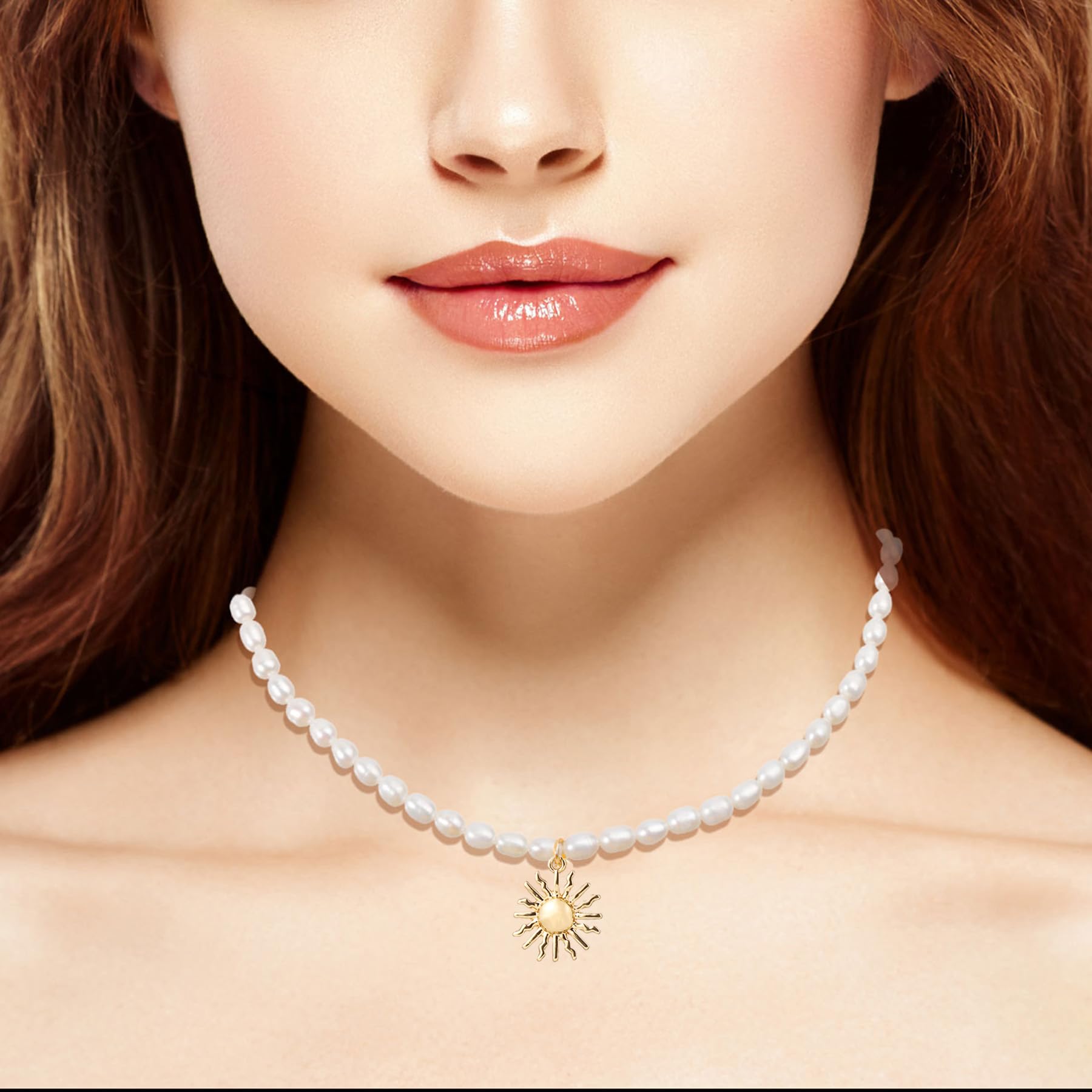 wgoud Natural Freshwater Pearl Choker Necklace for Women, Trendy 14K Gold Plated Pearl Necklaces Handmade Jewelry Gift (Sun Neck