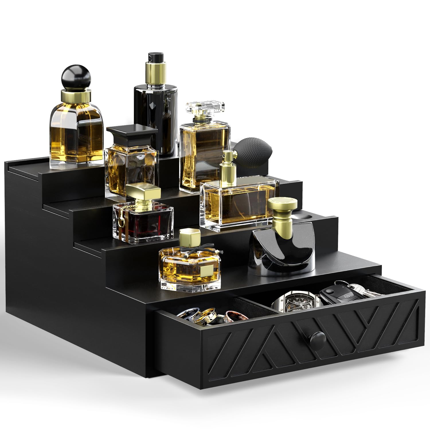 Cologne Organizer for Men, 4 Tier Perfume Organizer with Felt Lining Drawer and Hidden Compartment, Wood Cologne Stand for Watch