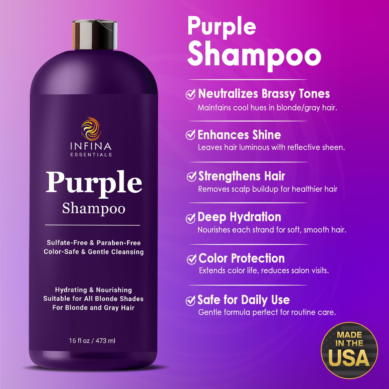 INFINA ESSENTIALS Purple Shampoo for Blondes, Gray, Brassy & Color Treated Hair, Sulfate Free, Enriched with Green Tea & Chamomi