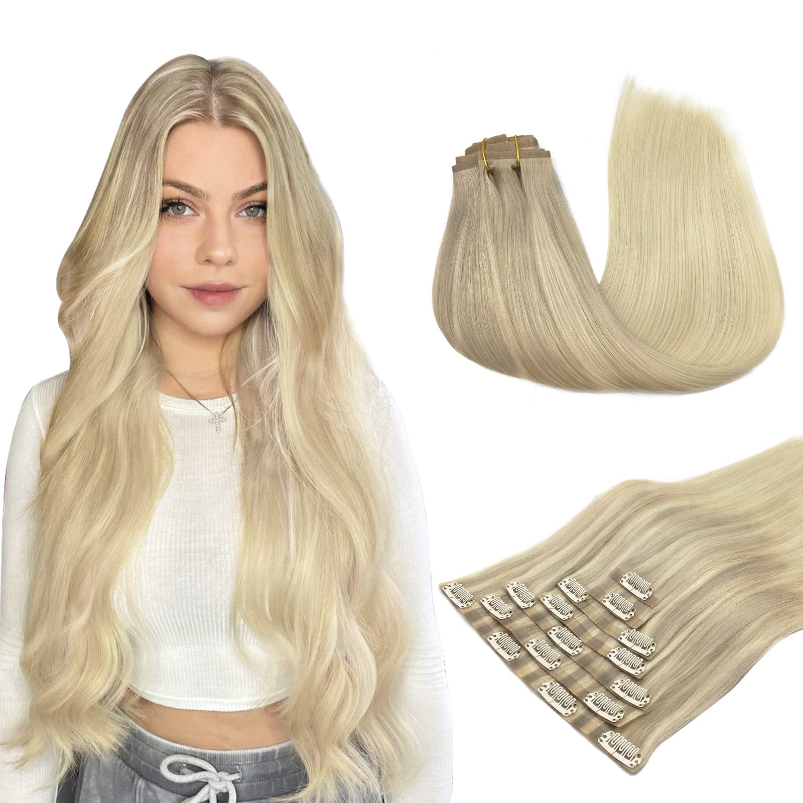 Hair Extensions Clip in Human Hair, 110g 7pcs Balayage Ash Blonde to Golden Blonde and Platinum Blonde 16 Inch, MAXITA Seamless 