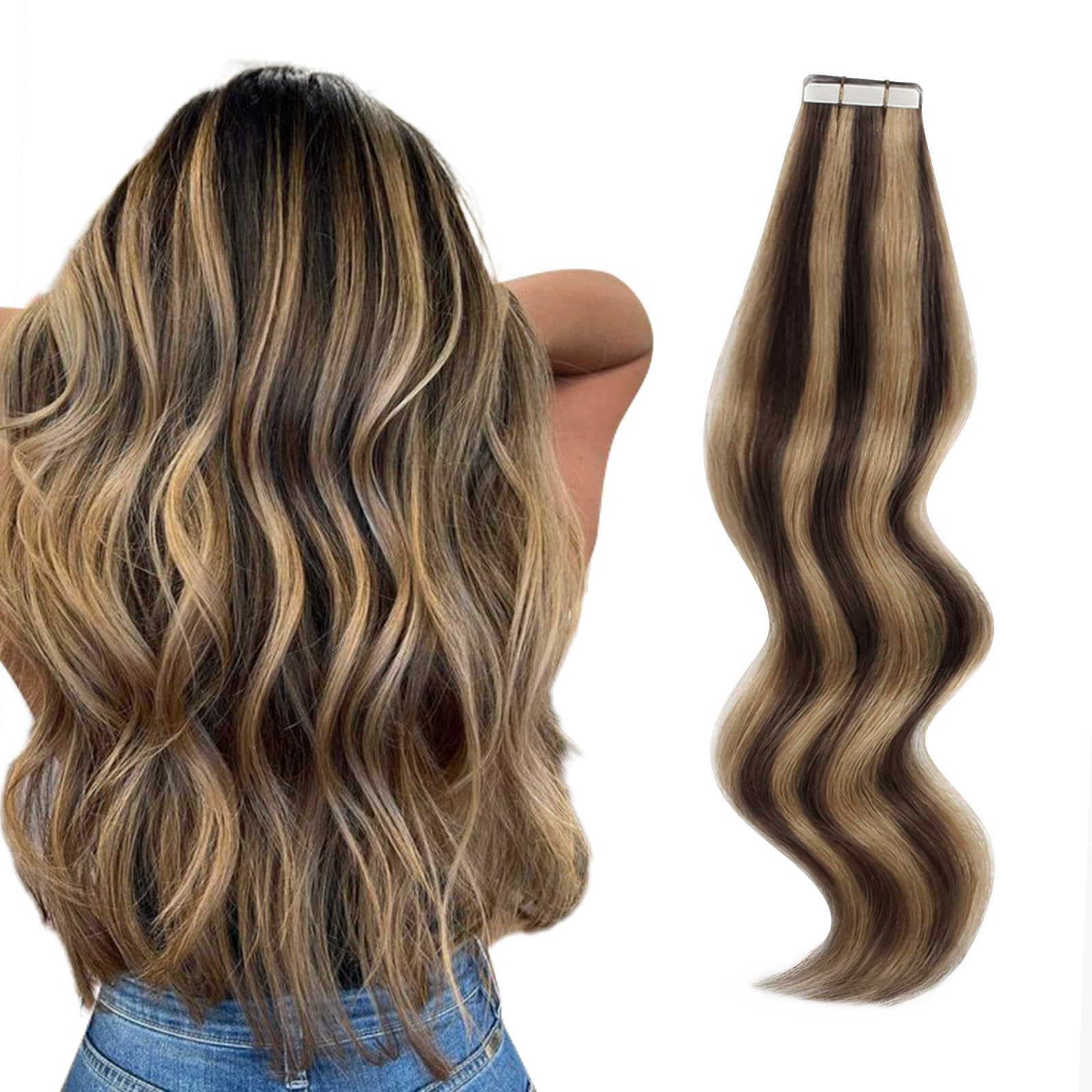 Abh Amazingbeauty Hair 16 Inch Hair Extensions Real Human Hair Tape In Chocolate Brown Highlighted Caramel Blonde Tape Hair Exte