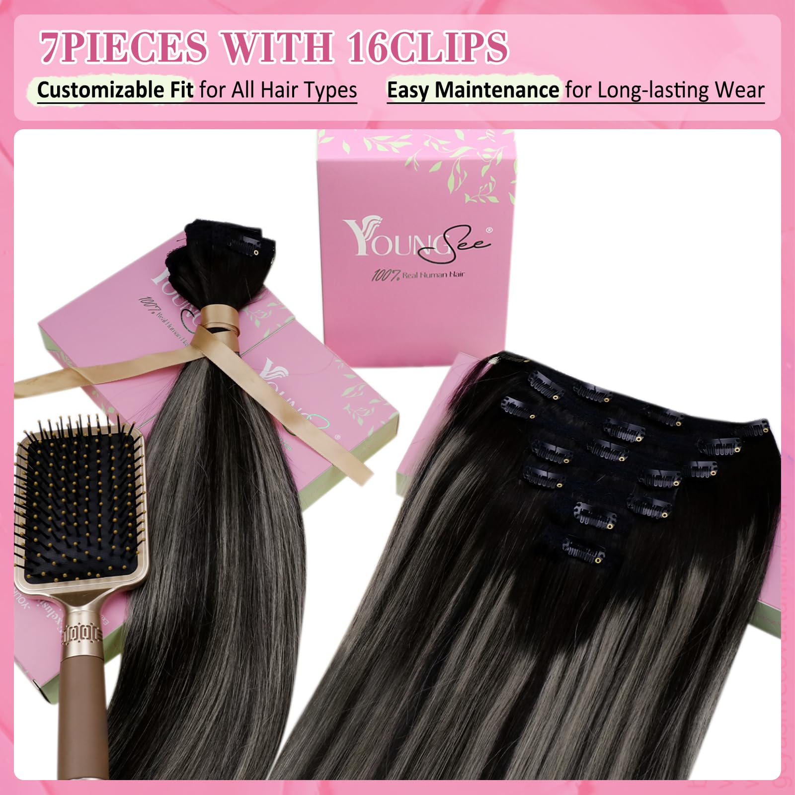 YoungSee 150G Clip in Extensions Ombre Clip in Hair Extensions Real Human Hair Black and Silver with Black Roots Clip in Extensi