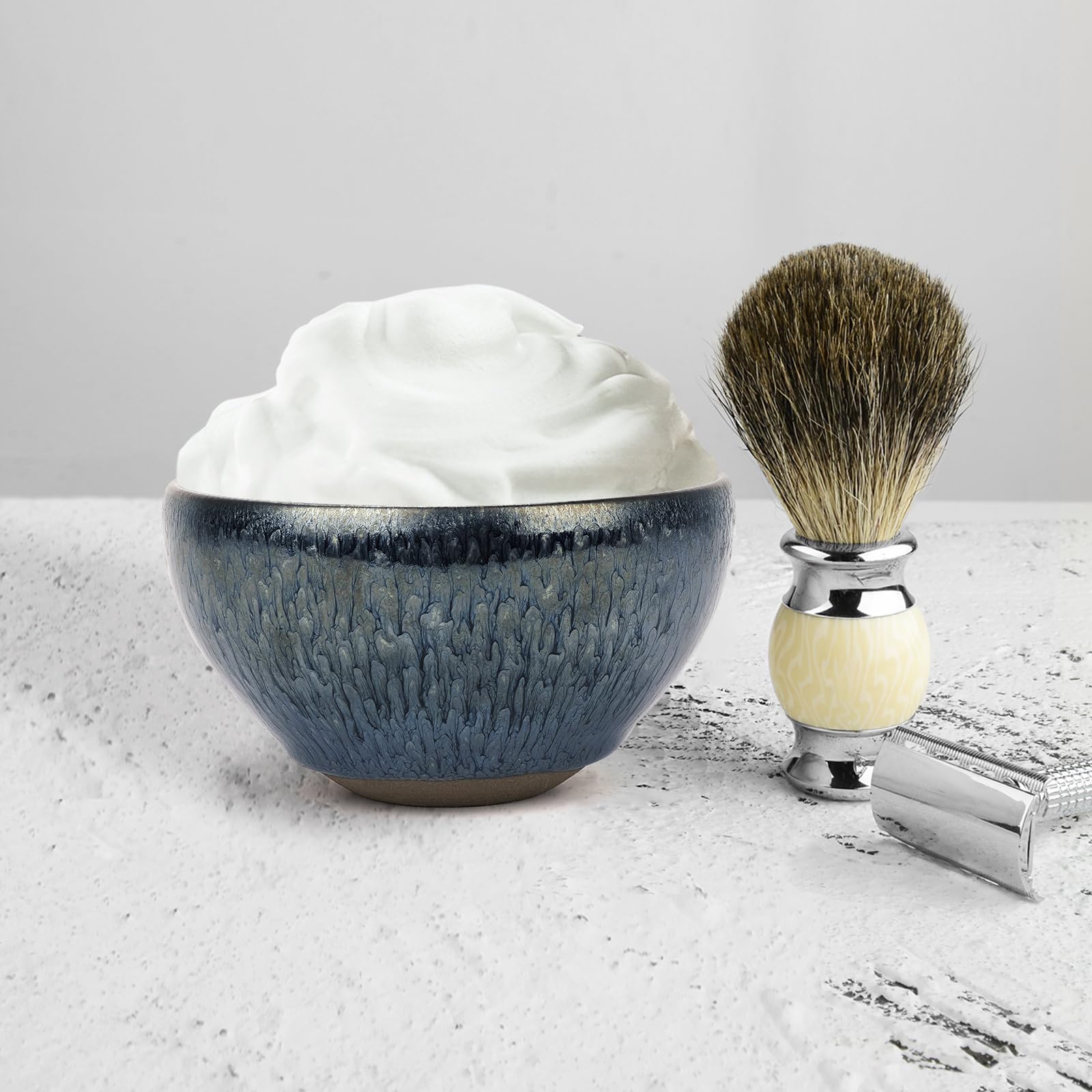 Linkdiea Ceramics Soap Shaving Bowl, Traditional Wet Beard Art of Shaving Bowl, Cream Shaver Bowl for Men (Blue)