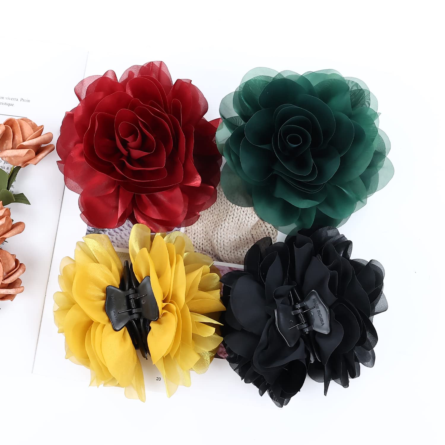 Cinaci 4 Pack Large Red Yellow Green Black Rose Flower Plastic Hair Claws Clips Big Chiffon Flower Bows Jaw Barrette Clamps Flor