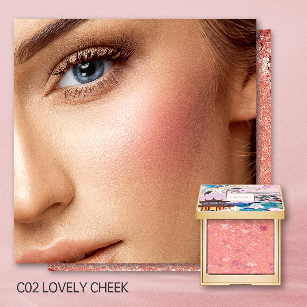 CATKIN Powder Blush for Cheek Blusher Natural Shimmering Blush & Highlight 2 in 1 Creamy Blendable Baked Blush Palette 10g C02 L