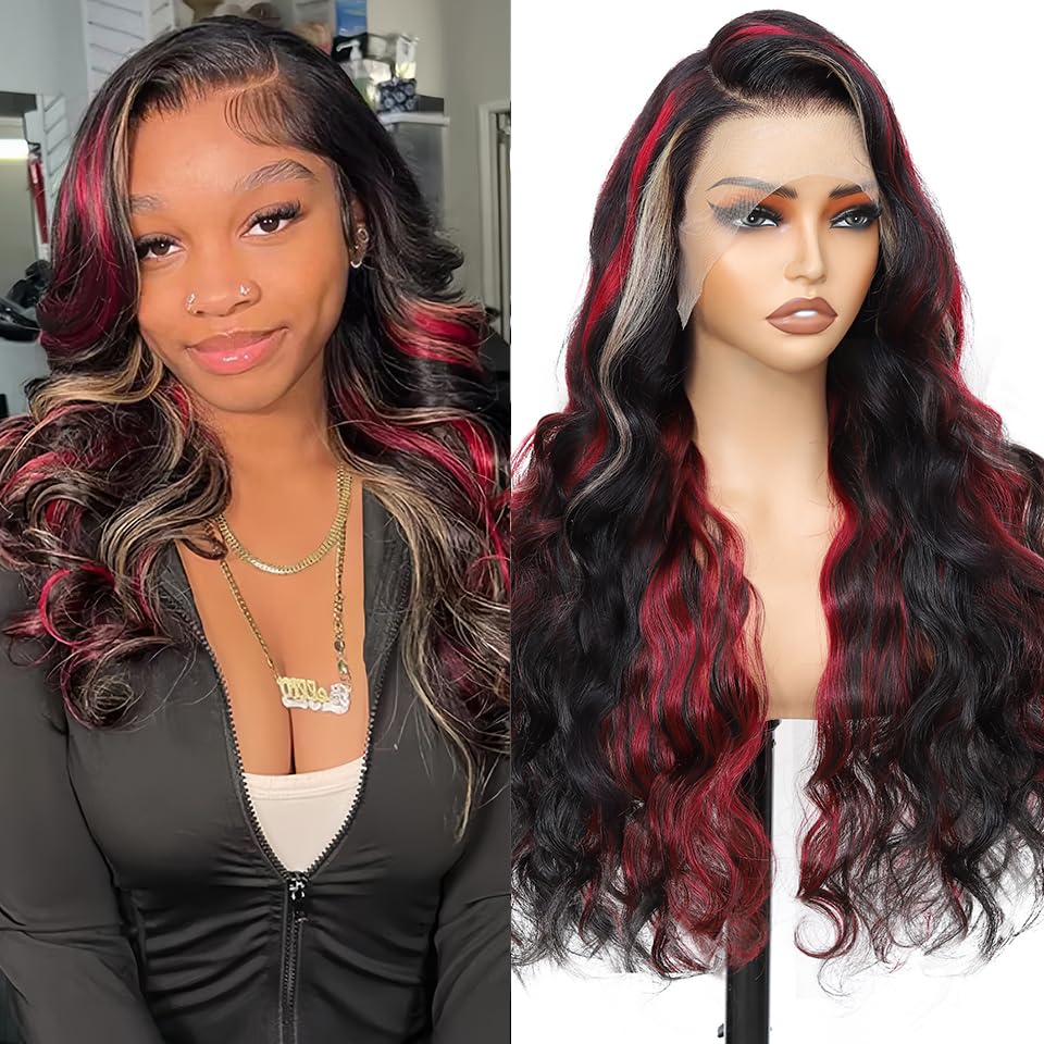 Aolvoblees Skunk Stripe Human Hair Wig Ombre 250% Density 13X4 Body Wave 1B/27/99J Highlights Burgundy HD Lace Front Frontal Glu
