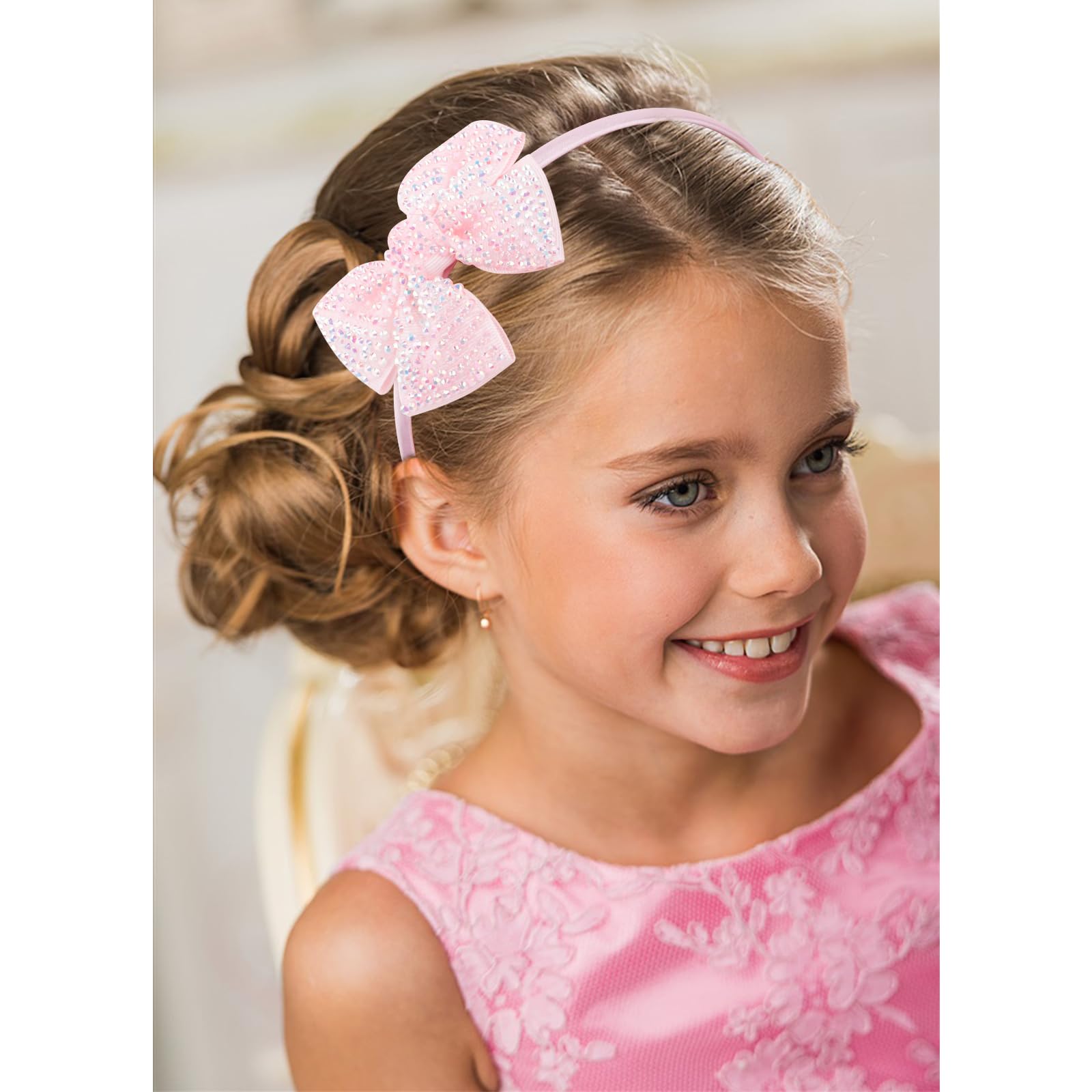 CIEHER Sparkling Rhinestone Bow Headbands - Pink Hairbands for Girls' Costume Accessories