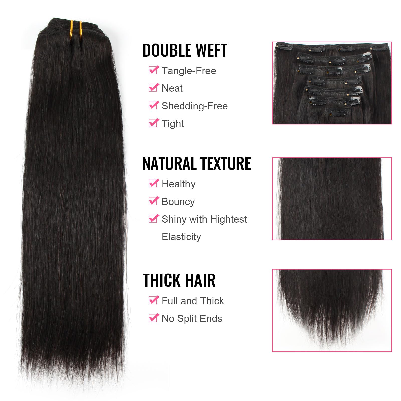 ABH AmazingBeauty Hair Silky Straight Clip in Hair Extensions for Black Women Brazilian Human Hair Extensions Double Lace Weft R