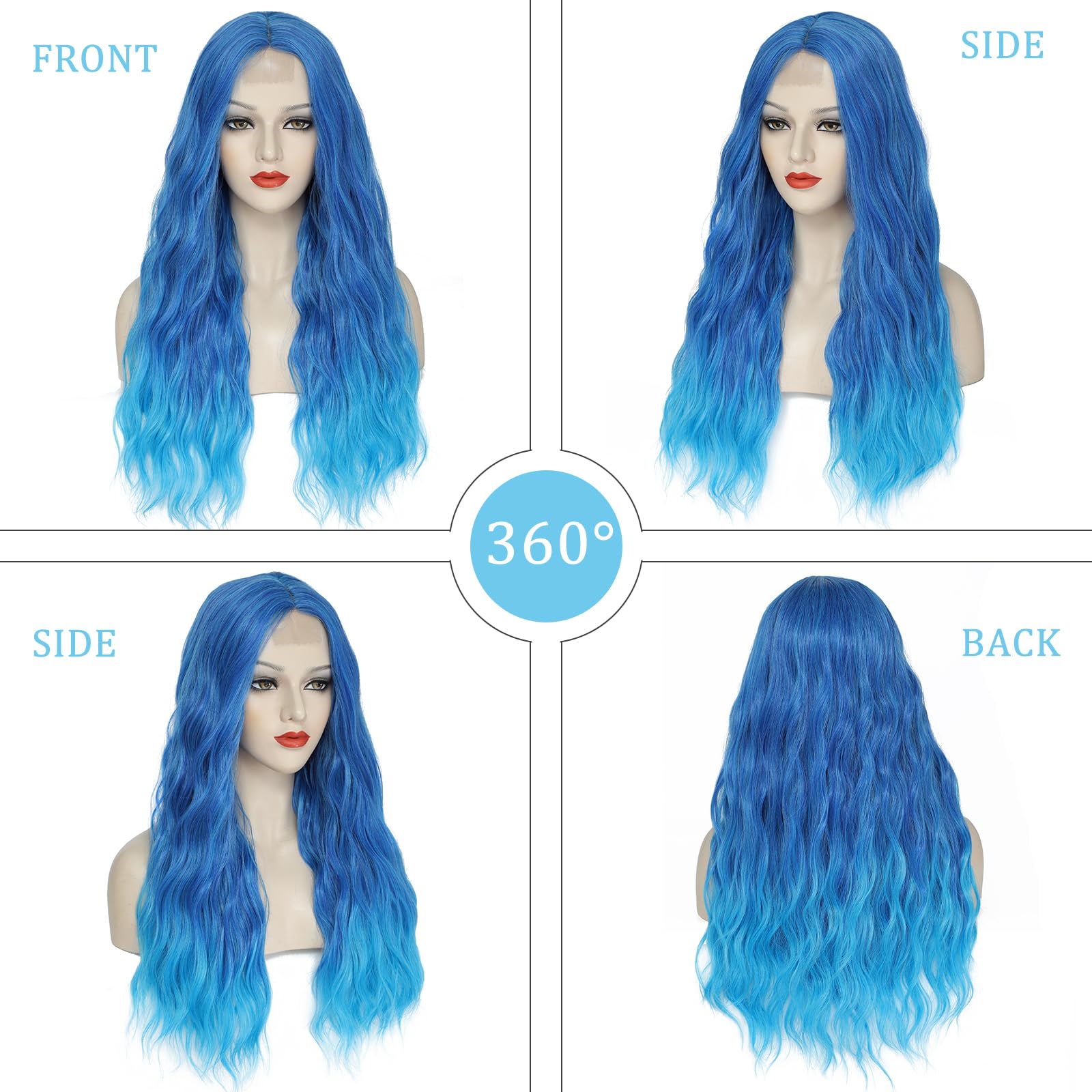 Ybymcai Blue Wig - Long Blue Wavy Wigs For Women Middle Part Ombre Blue Wig 26 Inch Natural Curly Synthetic Wig Heat Resistant F