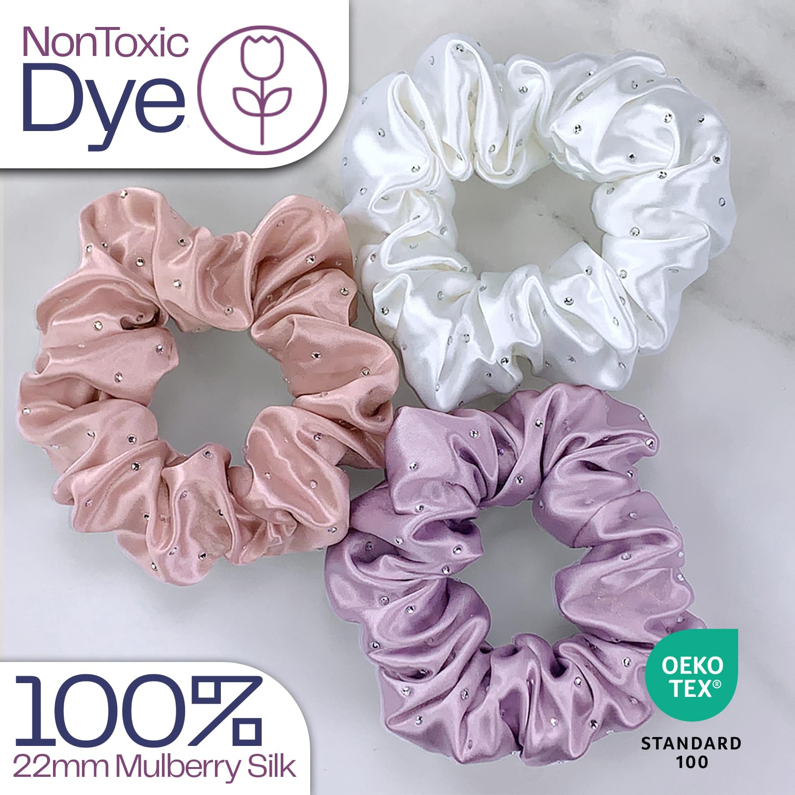 Celestial Silk Mulberry Silk Scrunchies For Hair (Lavender, White, Pink With Rhinestones)