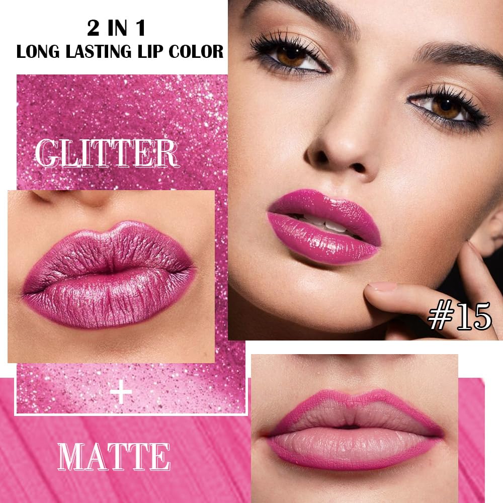 Kaely 2-in-1 Rose Metallic Lipstick and Lip Liner, Shimmer Liquid Metallic Lipsticks for Women, Glitter Lip Gloss Stain Long Las