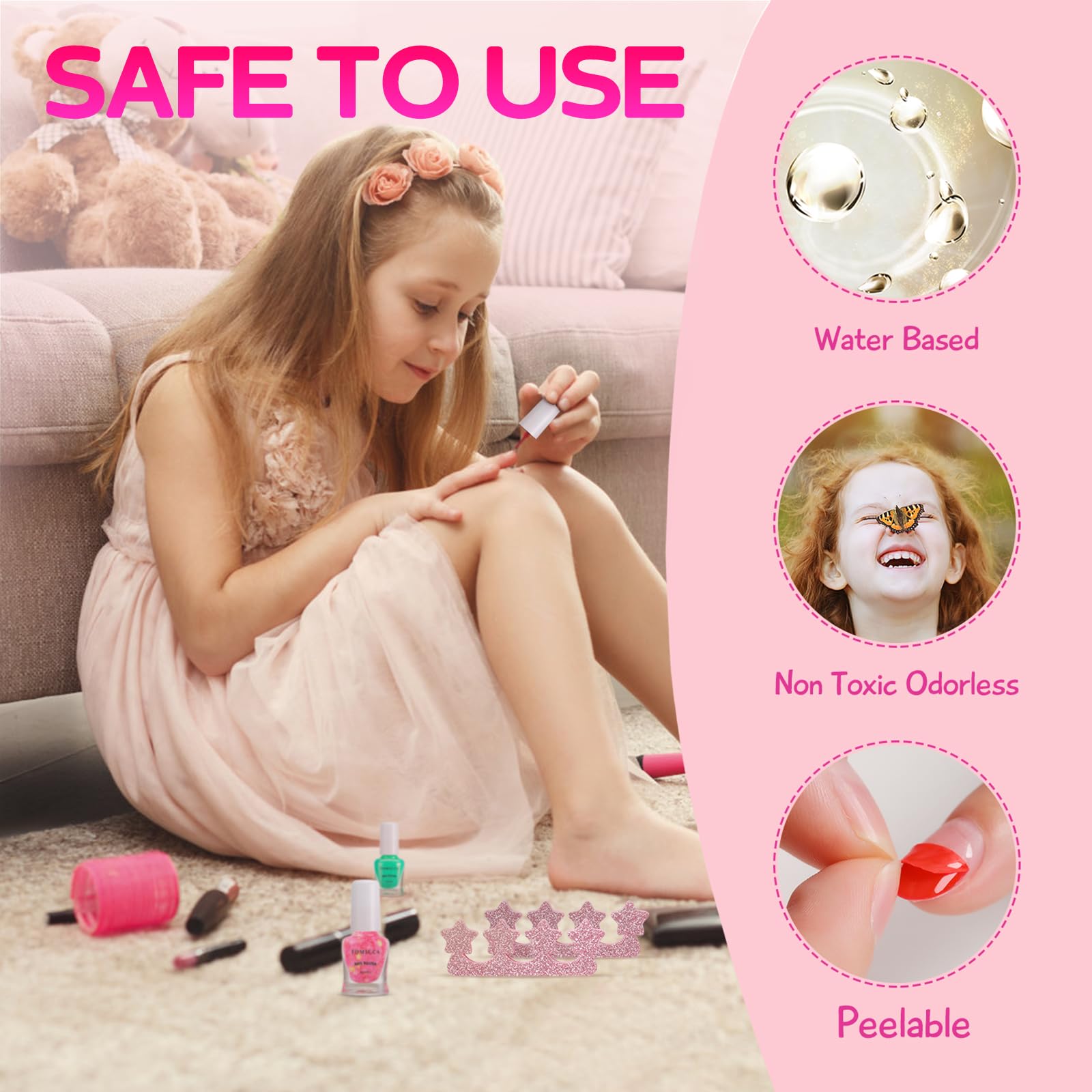 Tomicca Kids Nail Polish Set, Non Toxic Quick Dry Water-Based Peel-Off 10 Colors Toddler Nail Polish Kit Natural Safe Quick Diy